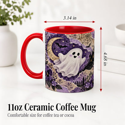 #pl[11oz|Red] Vintage Halloween Ceramic Mug, Ghost Moon Haunted House Collage