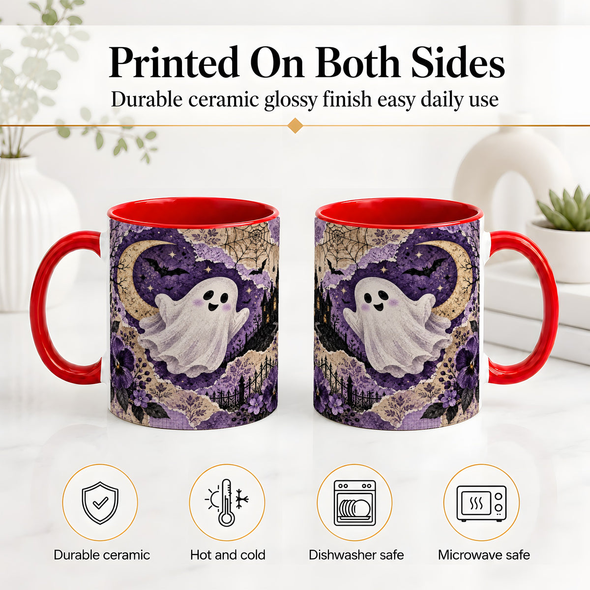 #pl[11oz|Red] Vintage Halloween Ceramic Mug, Ghost Moon Haunted House Collage