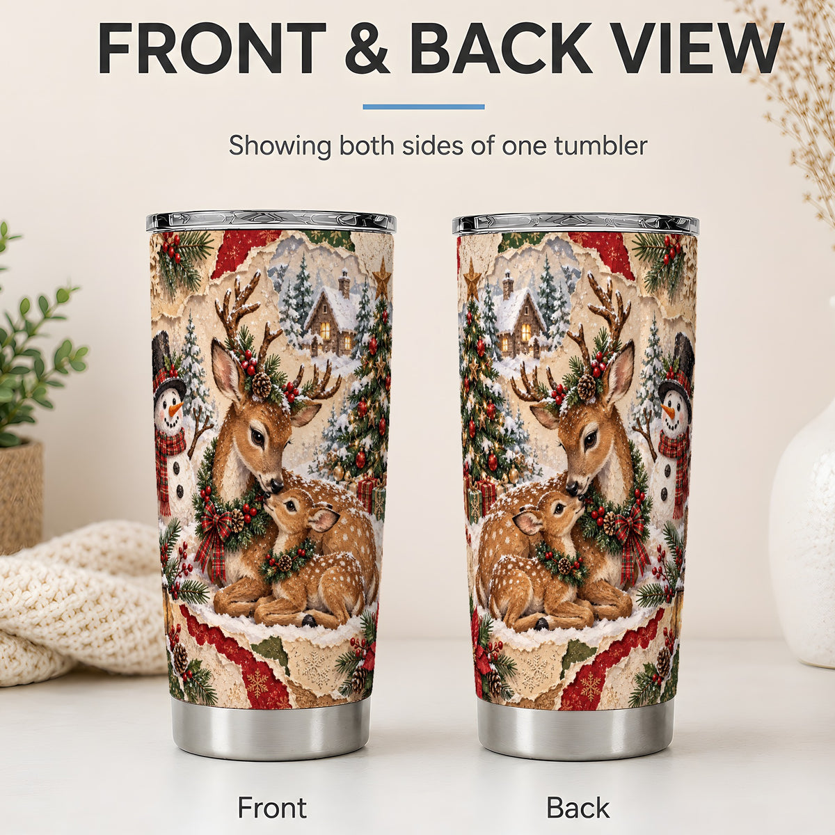 #pl[20oz|Steel] Christmas Deer 20oz Tumbler, Snowman Winter Woodland Drinkware Artwork