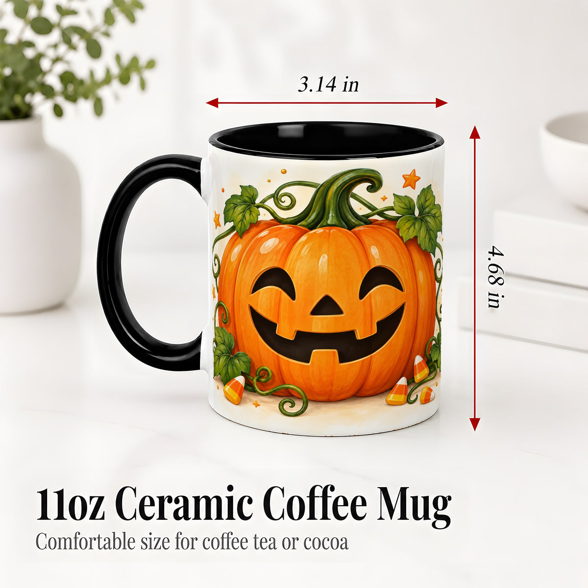 #pl[11oz|Black] Jack O Lantern Ceramic Mug, Pumpkin Vine Candy Corn Halloween Art