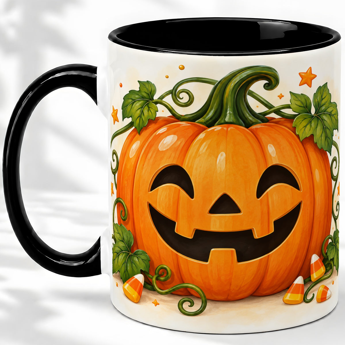 #pl[11oz|Black] Jack O Lantern Ceramic Mug, Pumpkin Vine Candy Corn Halloween Art