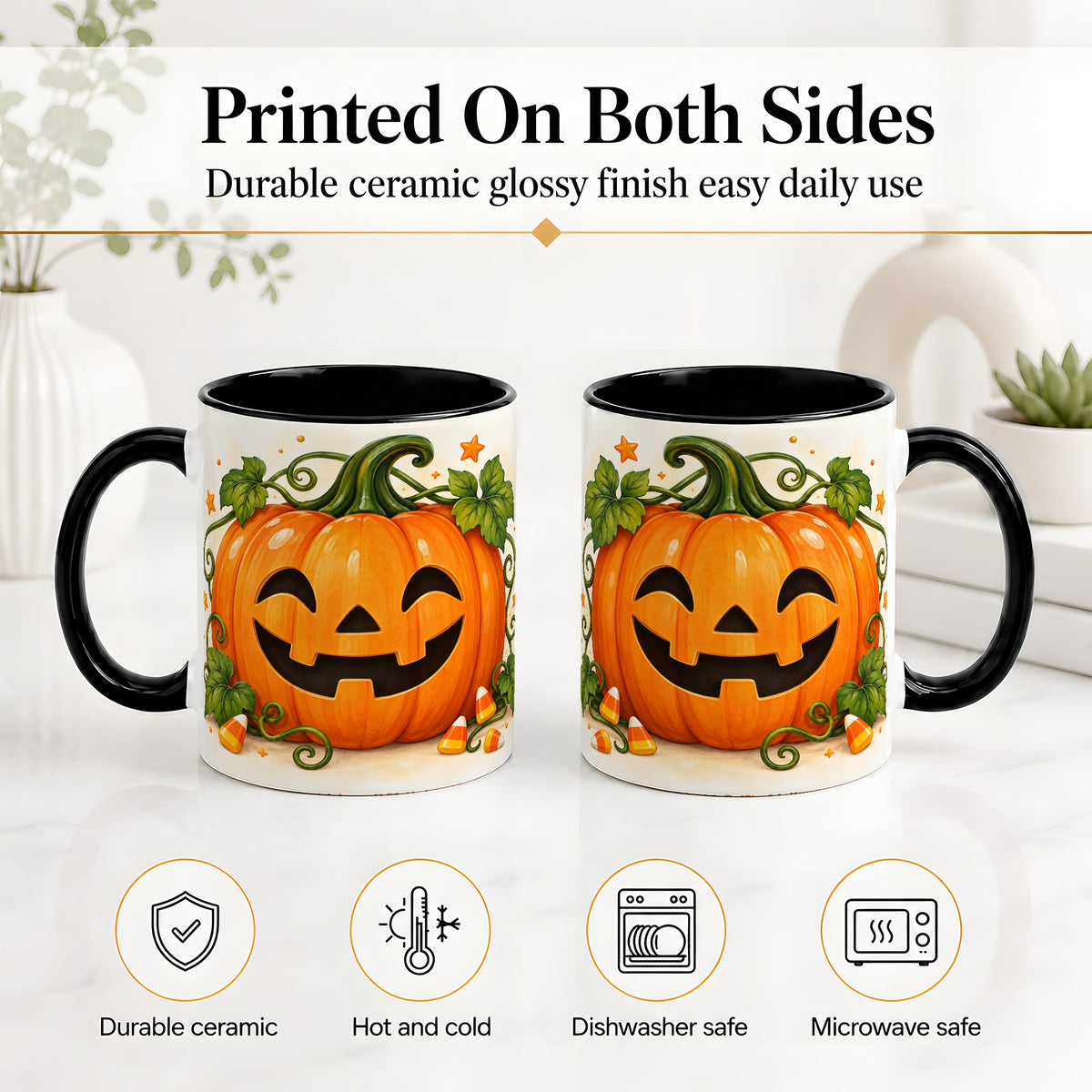#pl[11oz|Black] Jack O Lantern Ceramic Mug, Pumpkin Vine Candy Corn Halloween Art