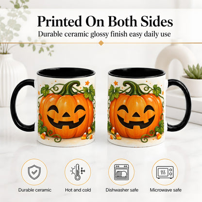 #pl[11oz|Black] Jack O Lantern Ceramic Mug, Pumpkin Vine Candy Corn Halloween Art