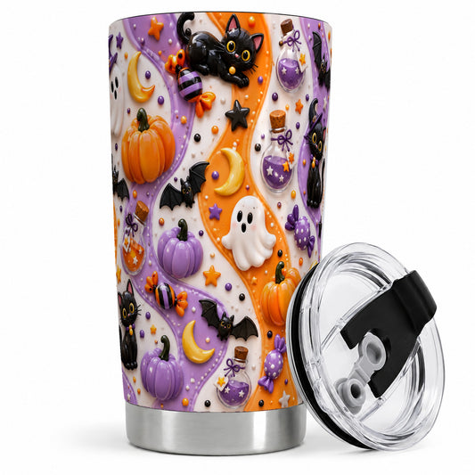 #pl[20oz|Steel] Halloween Black Cat 20oz Tumbler, Pumpkin Ghost Pattern Artwork