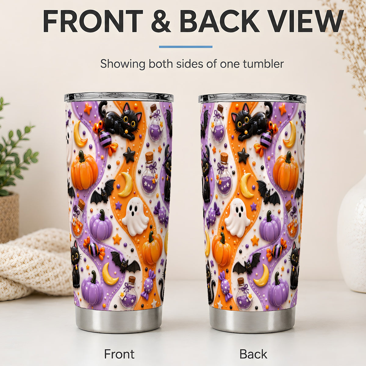 #pl[20oz|Steel] Halloween Black Cat 20oz Tumbler, Pumpkin Ghost Pattern Artwork