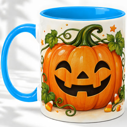 #pl[11oz|Blue] Jack O Lantern Ceramic Mug, Pumpkin Vine Candy Corn Halloween Art