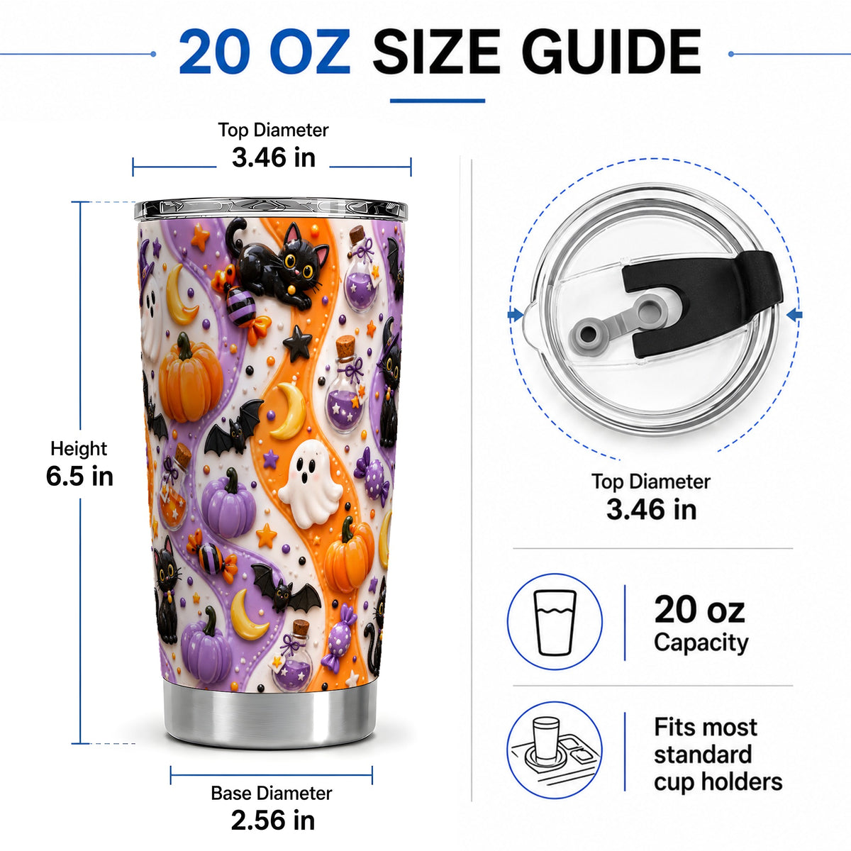 #pl[20oz|Steel] Halloween Black Cat 20oz Tumbler, Pumpkin Ghost Pattern Artwork