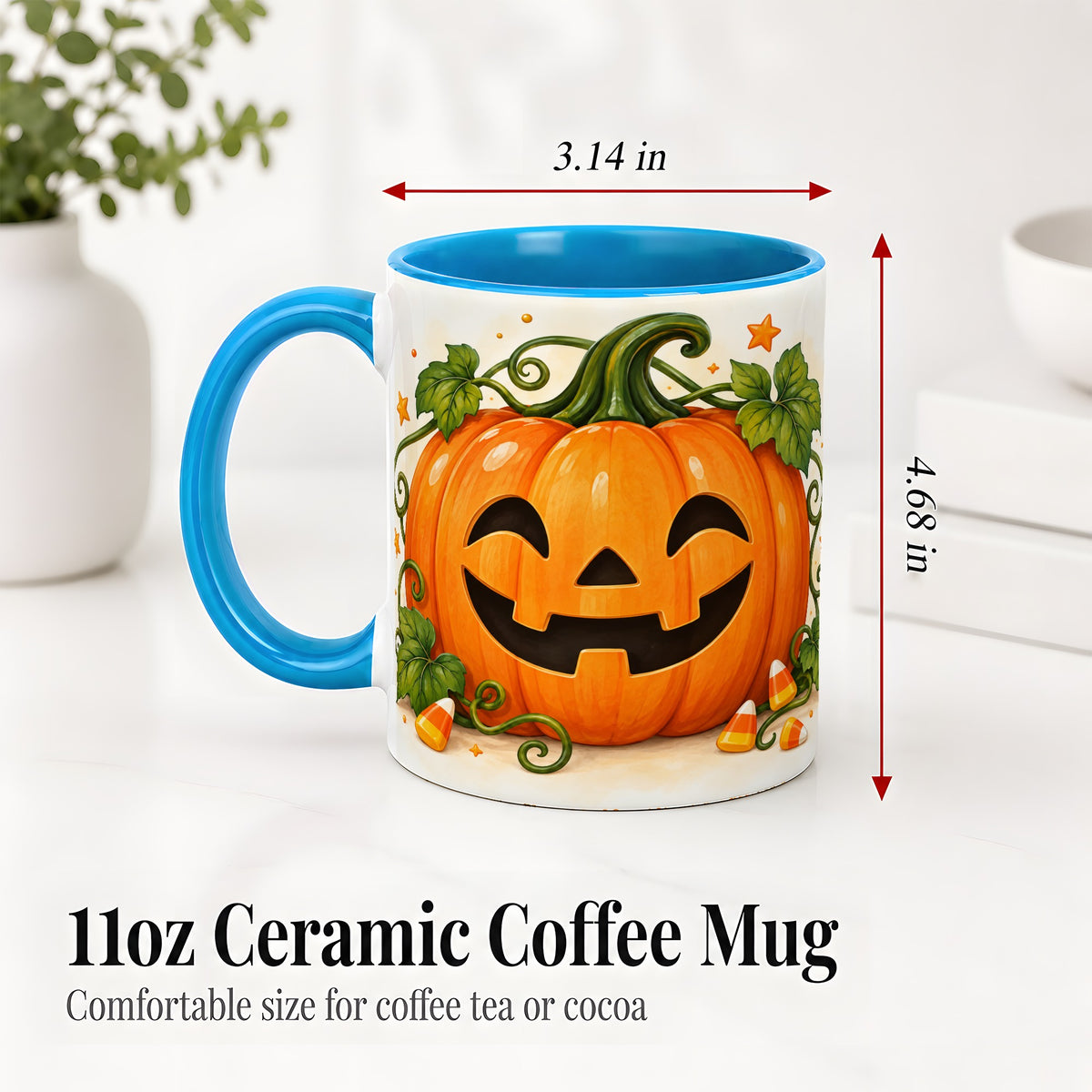 #pl[11oz|Blue] Jack O Lantern Ceramic Mug, Pumpkin Vine Candy Corn Halloween Art