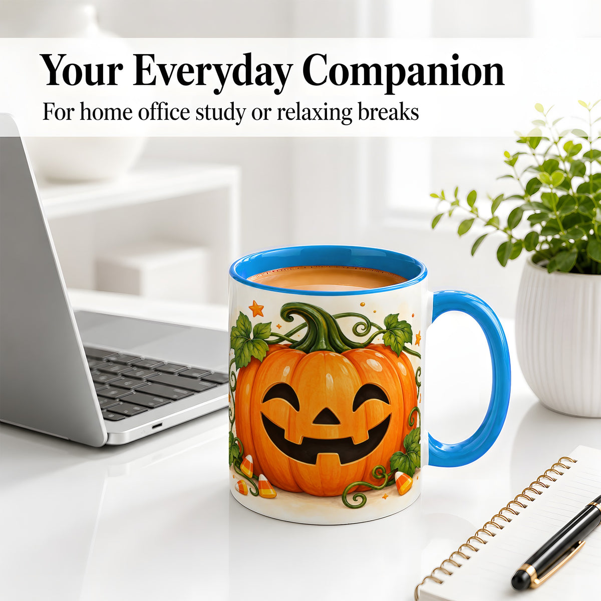 #pl[11oz|Blue] Jack O Lantern Ceramic Mug, Pumpkin Vine Candy Corn Halloween Art
