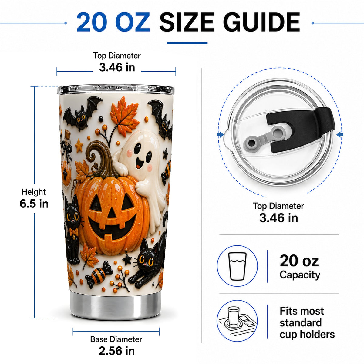 #pl[20oz|Steel] Halloween Pumpkin 20oz Tumbler, Black Cat Ghost Spooky Artwork