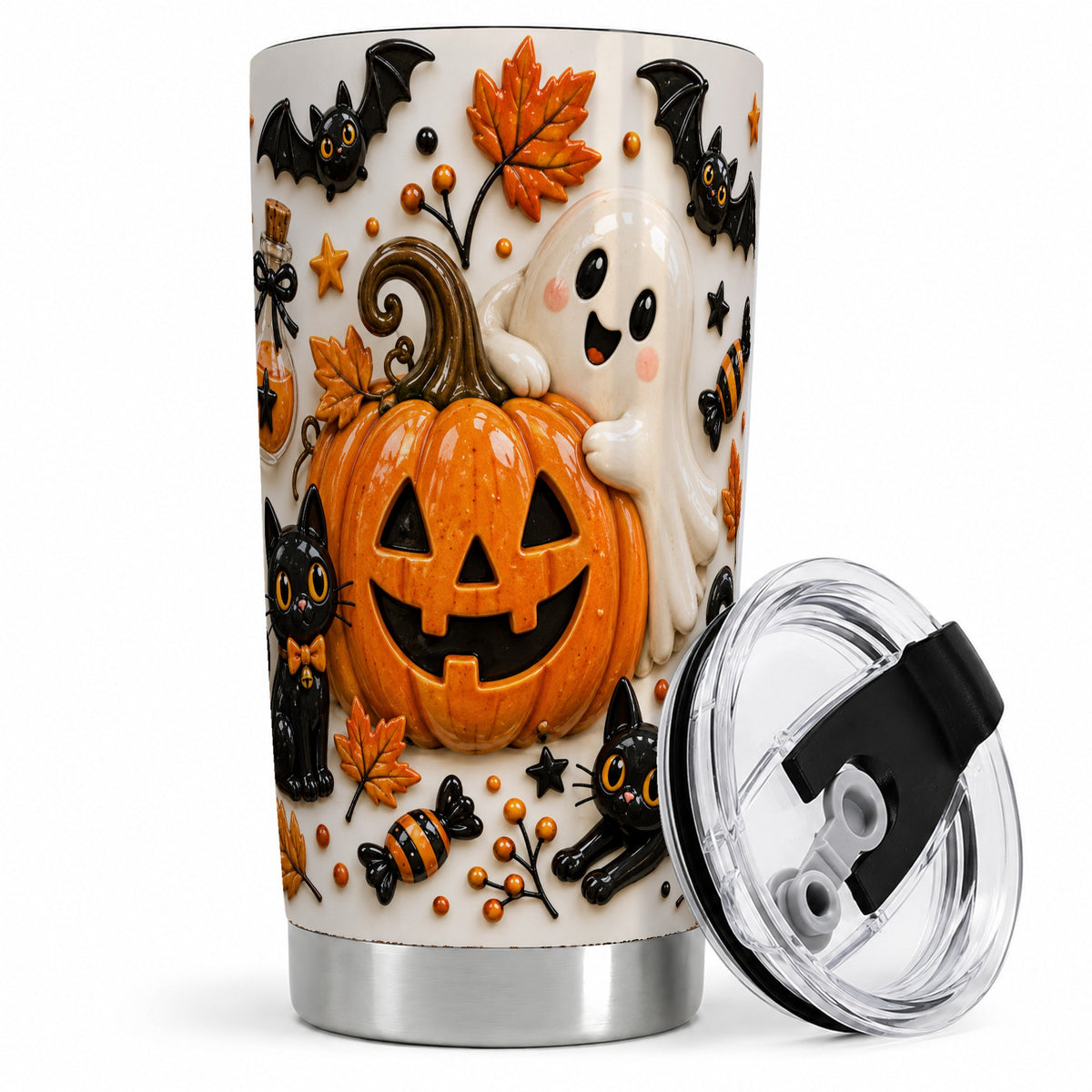 #pl[20oz|Steel] Halloween Pumpkin 20oz Tumbler, Black Cat Ghost Spooky Artwork