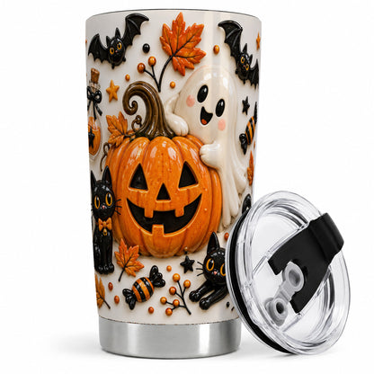 #pl[20oz|Steel] Halloween Pumpkin 20oz Tumbler, Black Cat Ghost Spooky Artwork