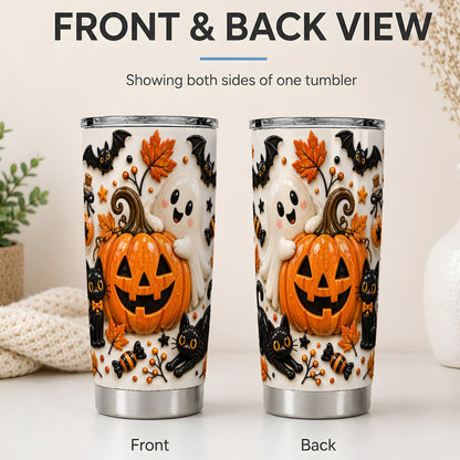 #pl[20oz|Steel] Halloween Pumpkin 20oz Tumbler, Black Cat Ghost Spooky Artwork