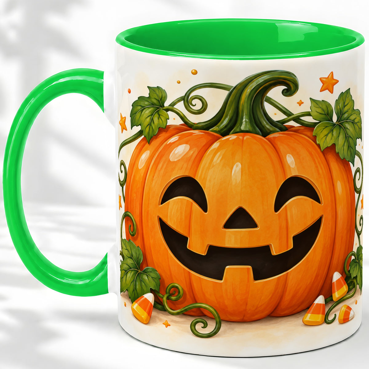 #pl[11oz|Green] Jack O Lantern Ceramic Mug, Pumpkin Vine Candy Corn Halloween Art