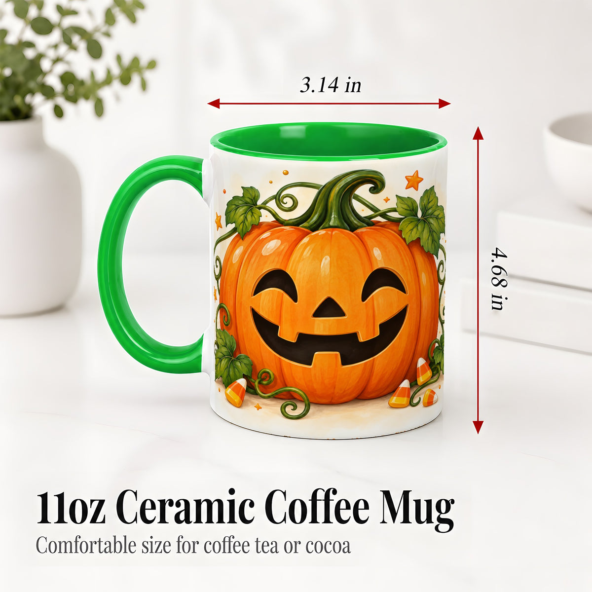 #pl[11oz|Green] Jack O Lantern Ceramic Mug, Pumpkin Vine Candy Corn Halloween Art