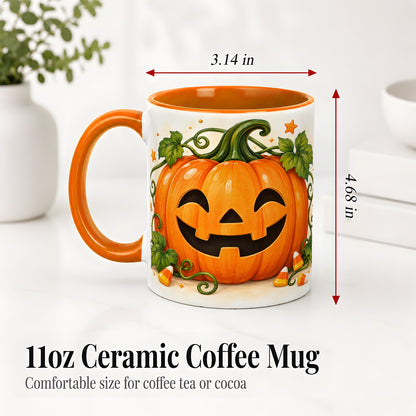 #pl[11oz|Orange] Jack O Lantern Ceramic Mug, Pumpkin Vine Candy Corn Halloween Art