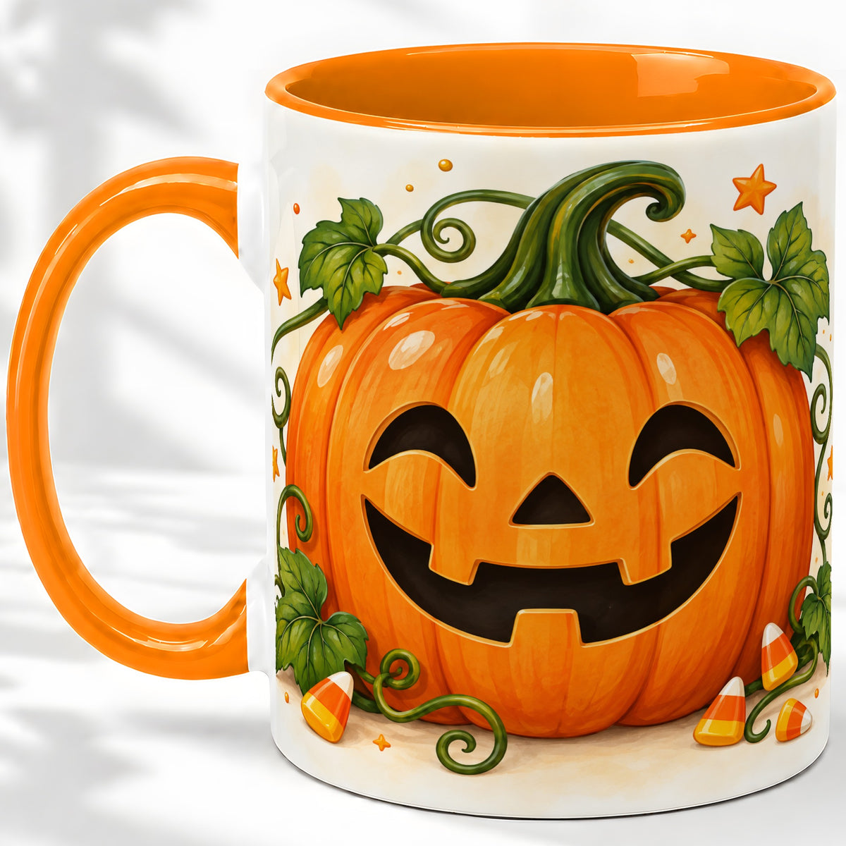 #pl[11oz|Orange] Jack O Lantern Ceramic Mug, Pumpkin Vine Candy Corn Halloween Art