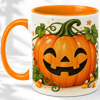 #pl[11oz|Orange] Jack O Lantern Ceramic Mug, Pumpkin Vine Candy Corn Halloween Art