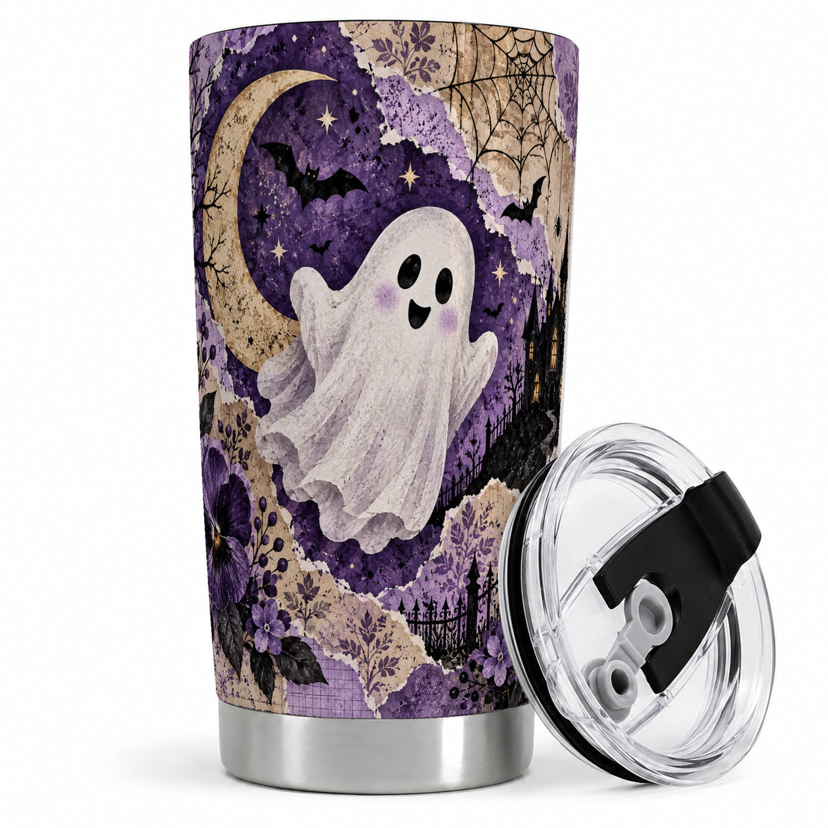 #pl[20oz|Steel] Vintage Halloween 20oz Tumbler, Purple Ghost Moon Collage Artwork
