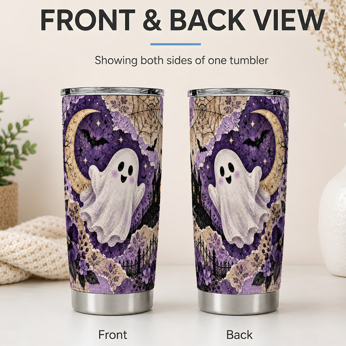 #pl[20oz|Steel] Vintage Halloween 20oz Tumbler, Purple Ghost Moon Collage Artwork