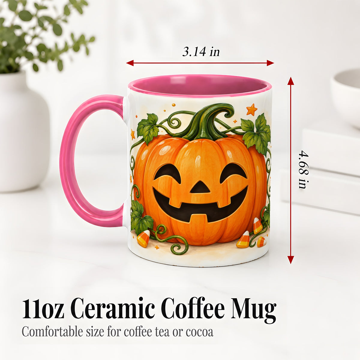 #pl[11oz|Pink] Jack O Lantern Ceramic Mug, Pumpkin Vine Candy Corn Halloween Art