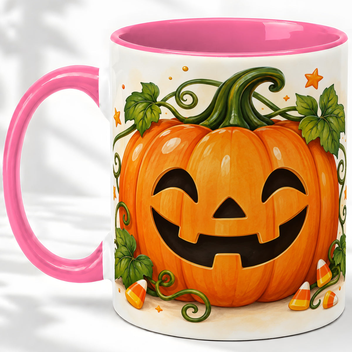 #pl[11oz|Pink] Jack O Lantern Ceramic Mug, Pumpkin Vine Candy Corn Halloween Art