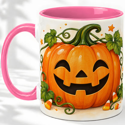 #pl[11oz|Pink] Jack O Lantern Ceramic Mug, Pumpkin Vine Candy Corn Halloween Art