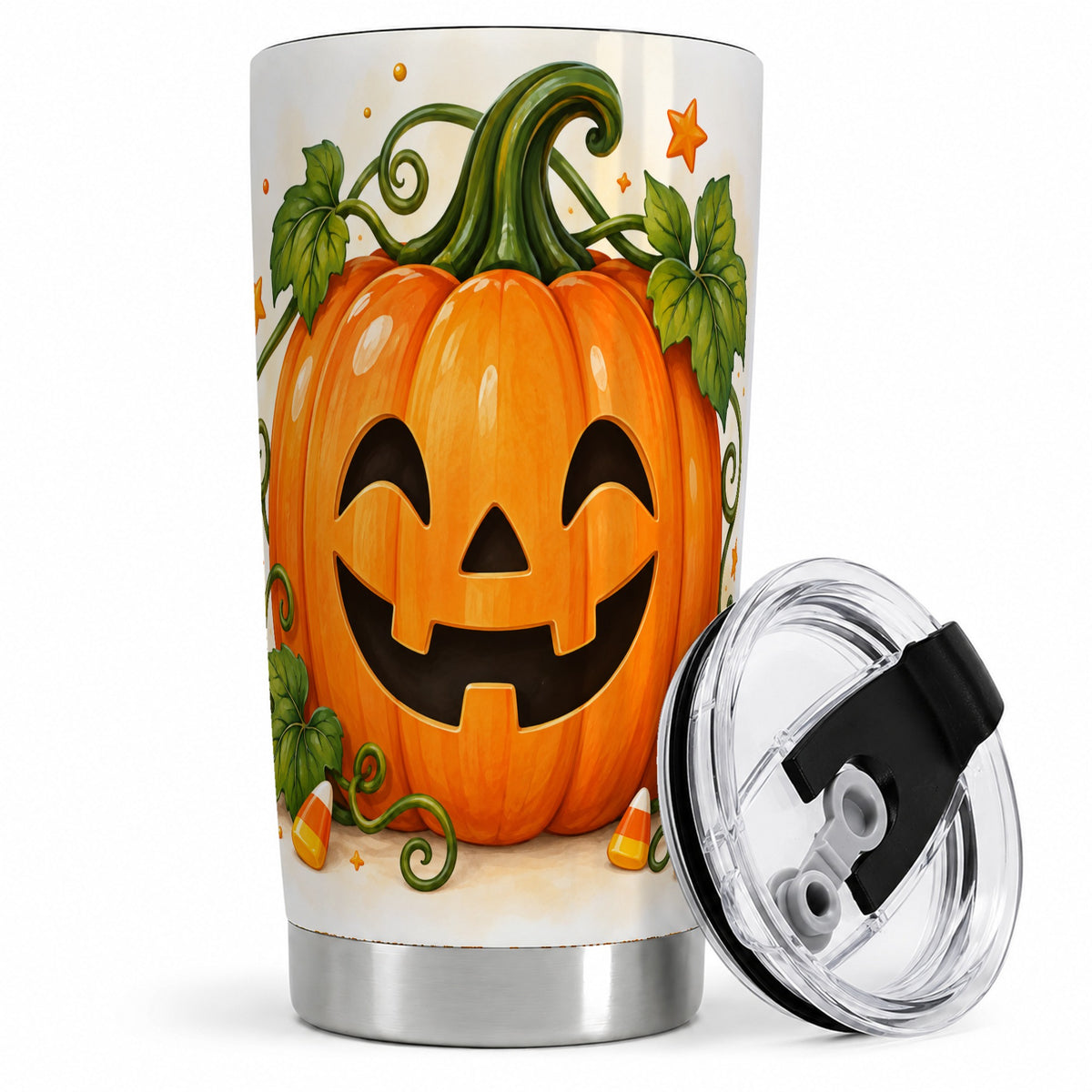 #pl[20oz|Steel] Jack O Lantern 20oz Tumbler, Pumpkin Vine Candy Corn Halloween Artwork