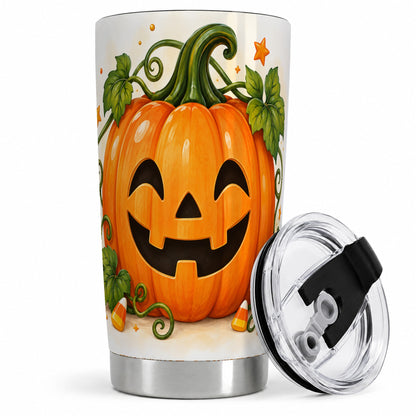 #pl[20oz|Steel] Jack O Lantern 20oz Tumbler, Pumpkin Vine Candy Corn Halloween Artwork