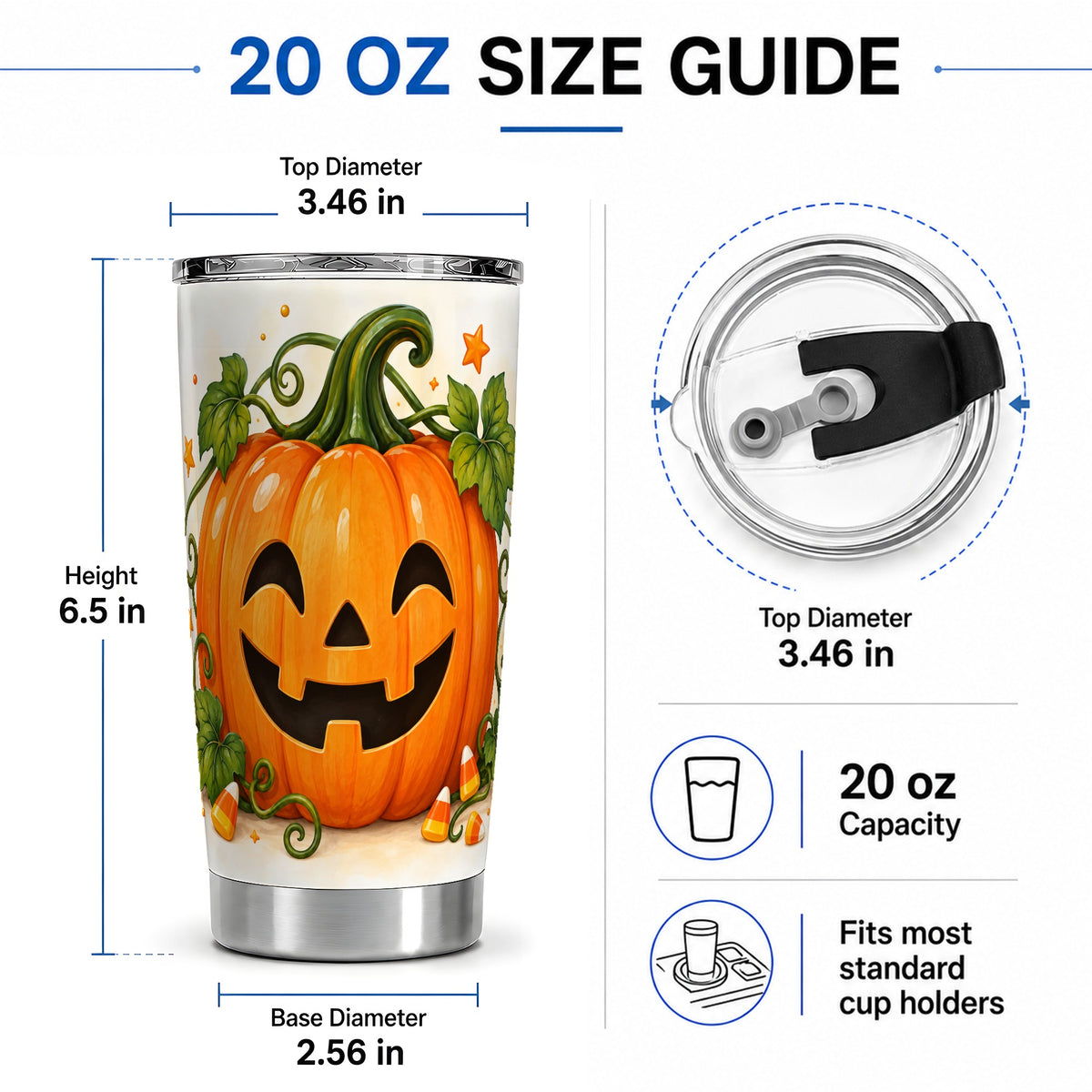 #pl[20oz|Steel] Jack O Lantern 20oz Tumbler, Pumpkin Vine Candy Corn Halloween Artwork