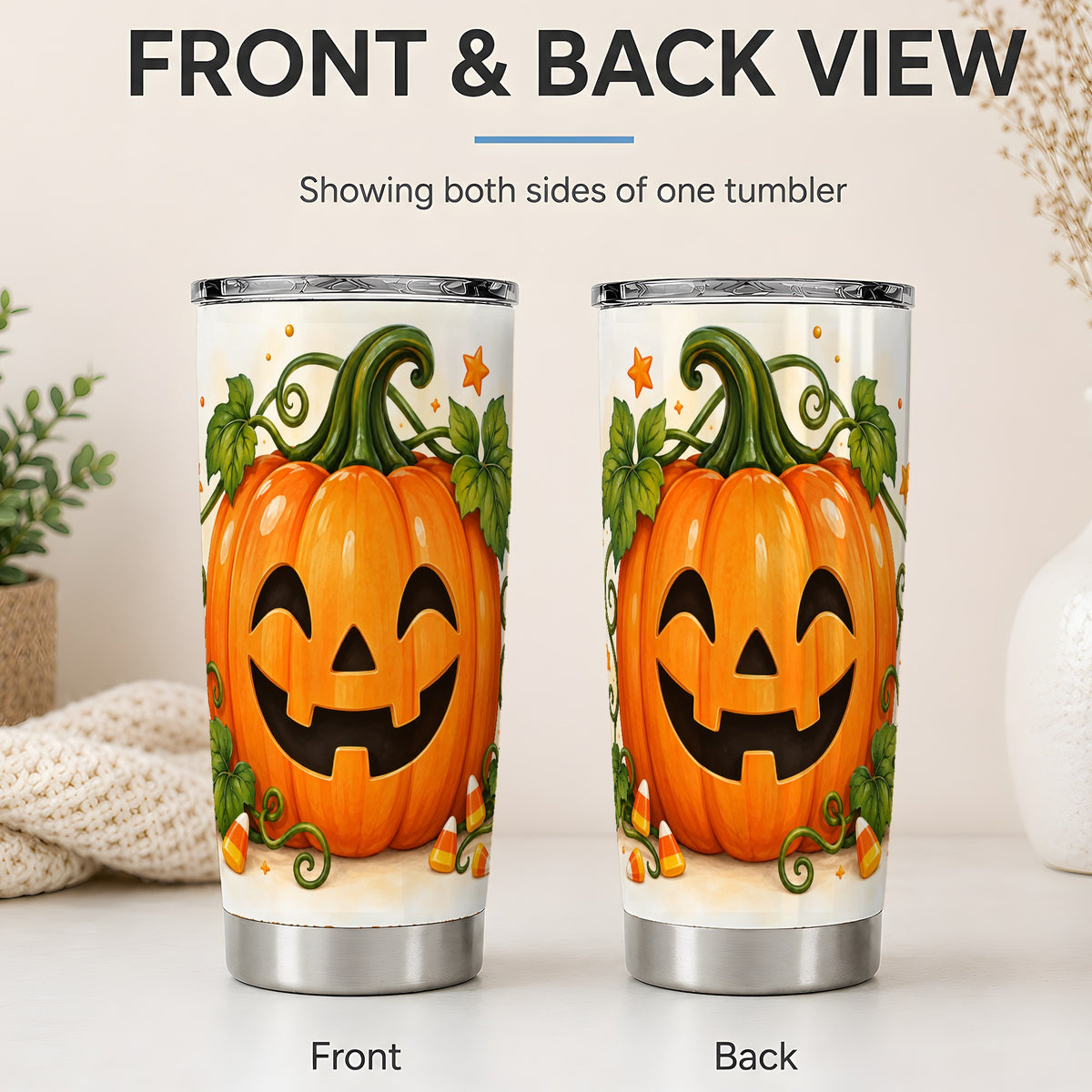 #pl[20oz|Steel] Jack O Lantern 20oz Tumbler, Pumpkin Vine Candy Corn Halloween Artwork