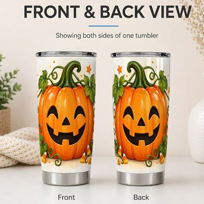 #pl[20oz|Steel] Jack O Lantern 20oz Tumbler, Pumpkin Vine Candy Corn Halloween Artwork