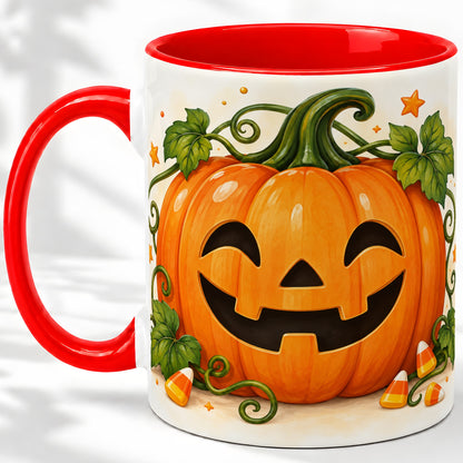 Jack O Lantern Ceramic Mug, Pumpkin Vine Candy Corn Halloween Art
