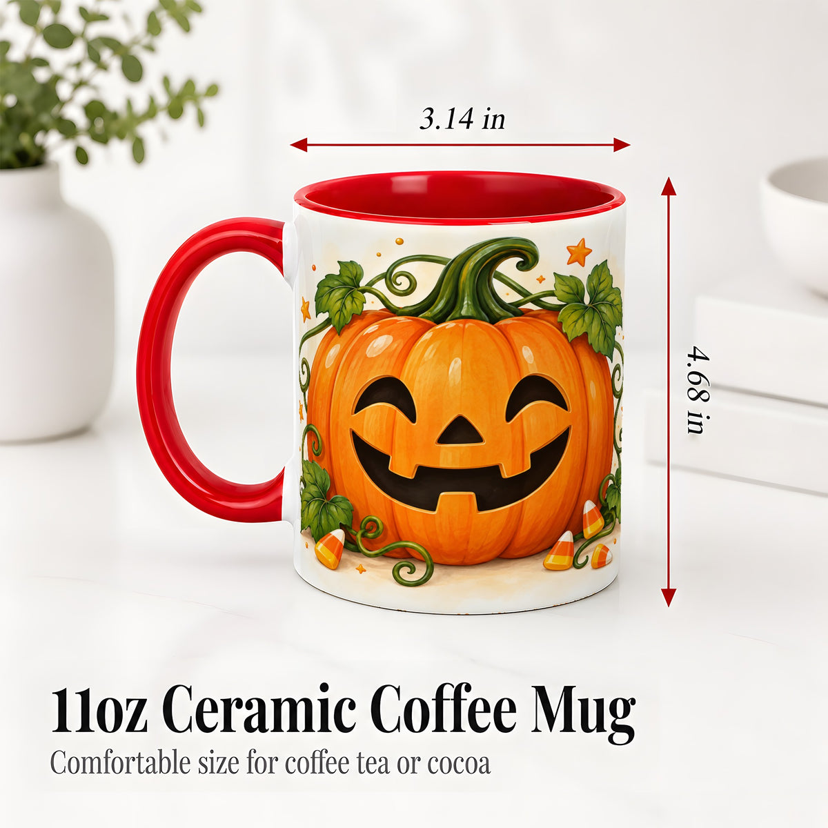 #pl[11oz|Red] Jack O Lantern Ceramic Mug, Pumpkin Vine Candy Corn Halloween Art