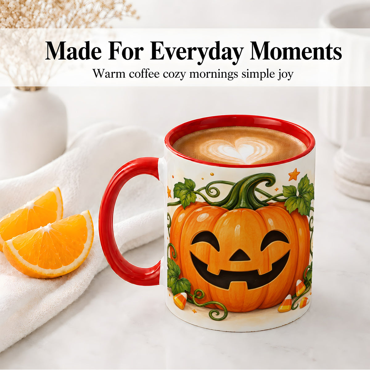 #pl[11oz|Red] Jack O Lantern Ceramic Mug, Pumpkin Vine Candy Corn Halloween Art