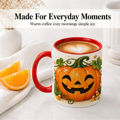 #pl[11oz|Red] Jack O Lantern Ceramic Mug, Pumpkin Vine Candy Corn Halloween Art
