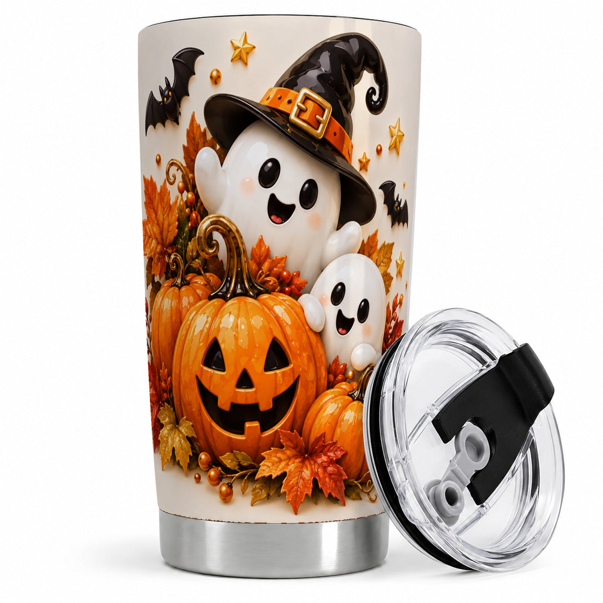 #pl[20oz|Steel] Halloween Ghosts 20oz Tumbler, Pumpkin Witch Hat Autumn Artwork