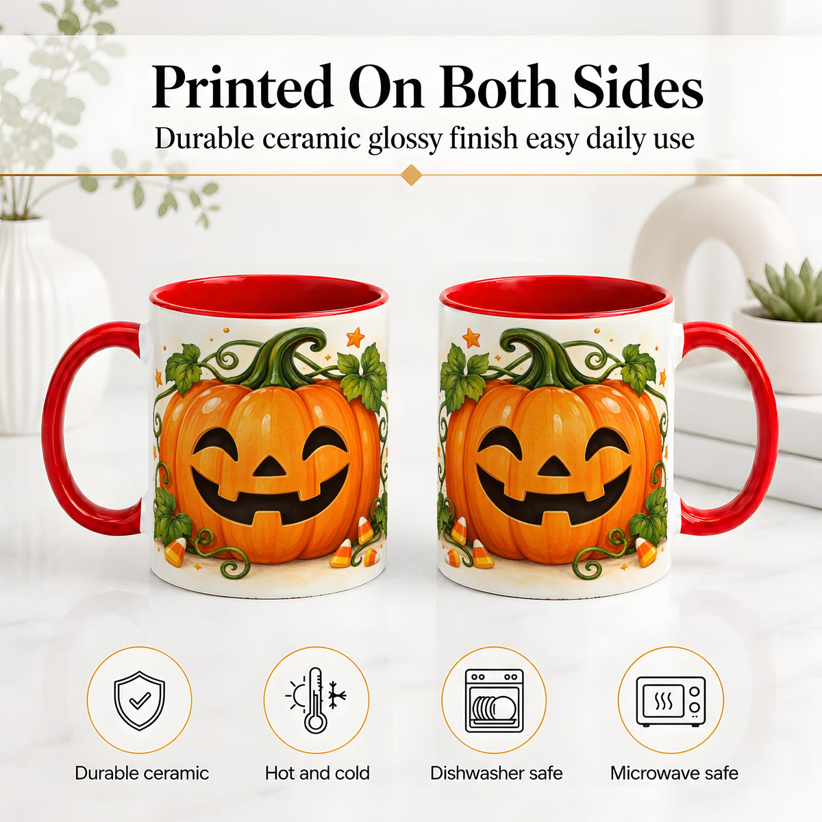 #pl[11oz|Red] Jack O Lantern Ceramic Mug, Pumpkin Vine Candy Corn Halloween Art