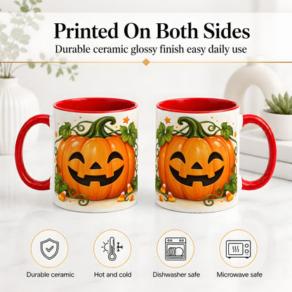 #pl[11oz|Red] Jack O Lantern Ceramic Mug, Pumpkin Vine Candy Corn Halloween Art