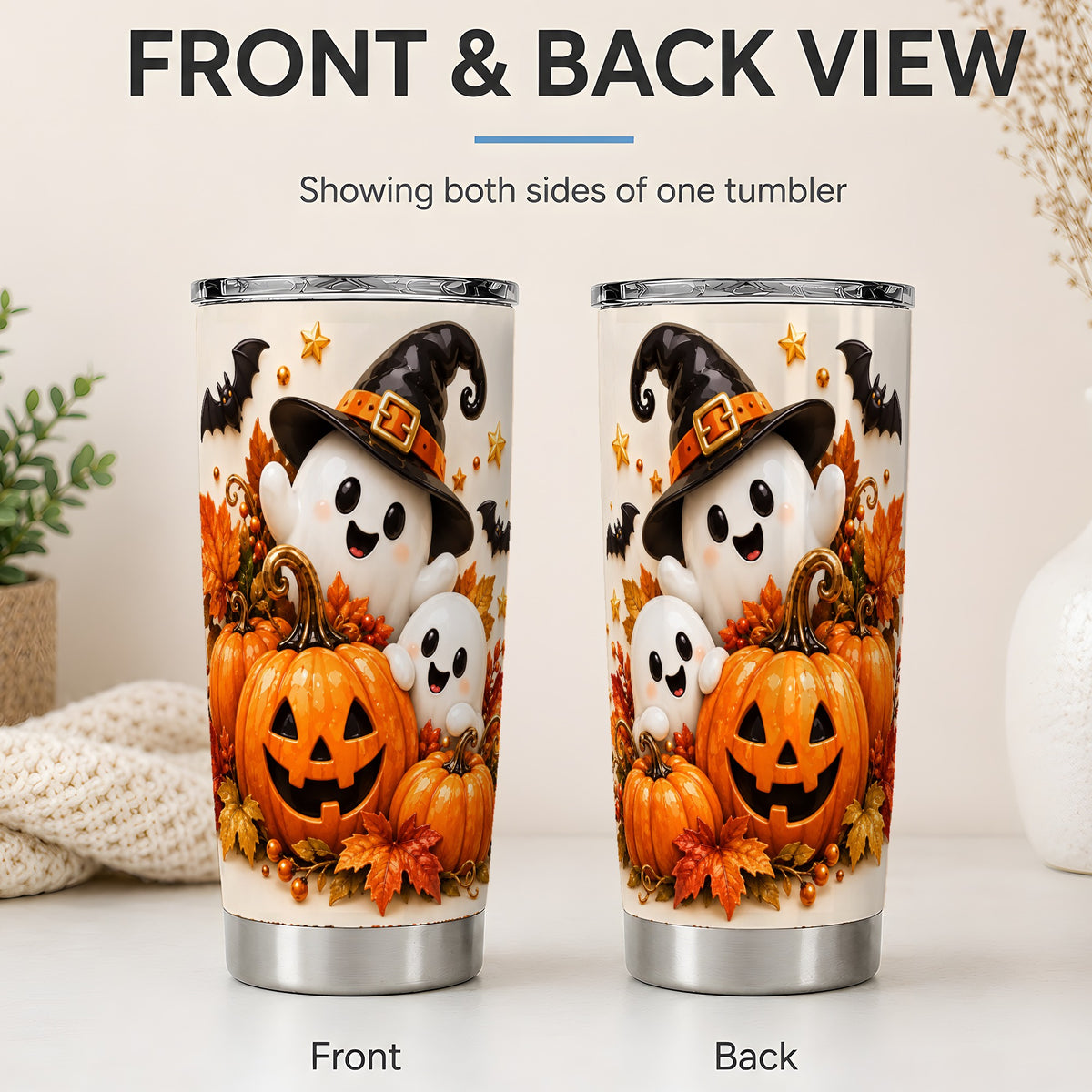 #pl[20oz|Steel] Halloween Ghosts 20oz Tumbler, Pumpkin Witch Hat Autumn Artwork