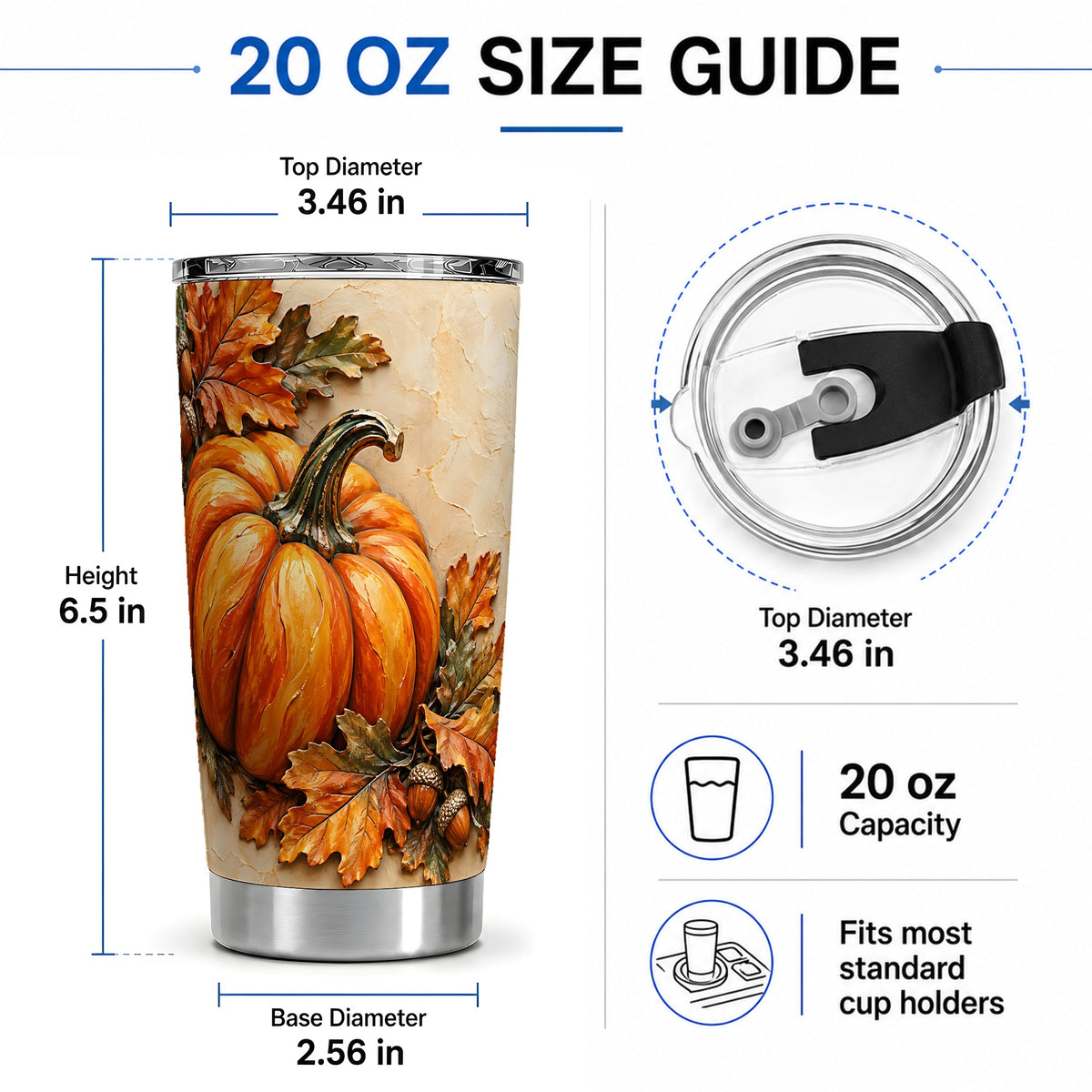 #pl[20oz|Steel] Autumn Pumpkin 20oz Tumbler with Oak Leaves and Acorn Artwork