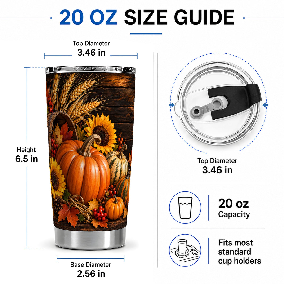 #pl[20oz|Steel] Rustic Harvest 20oz Tumbler with Pumpkins, Sunflowers and Wheat