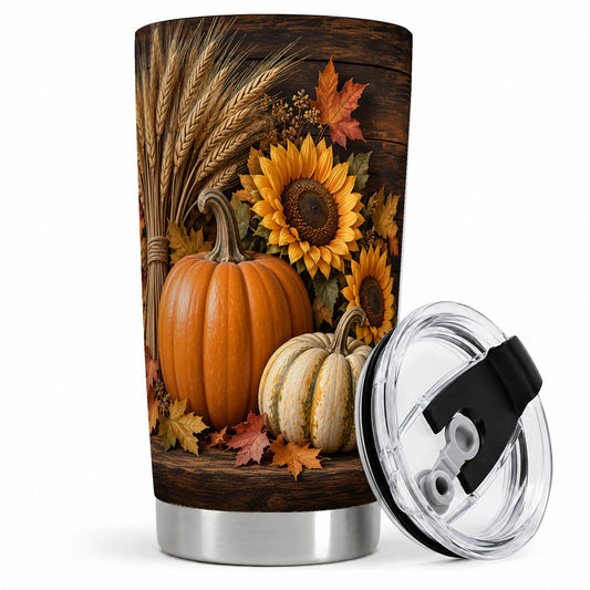 #pl[20oz|Steel] Pumpkin Sunflower Harvest 20oz Tumbler with Wheat and Fall Leaves