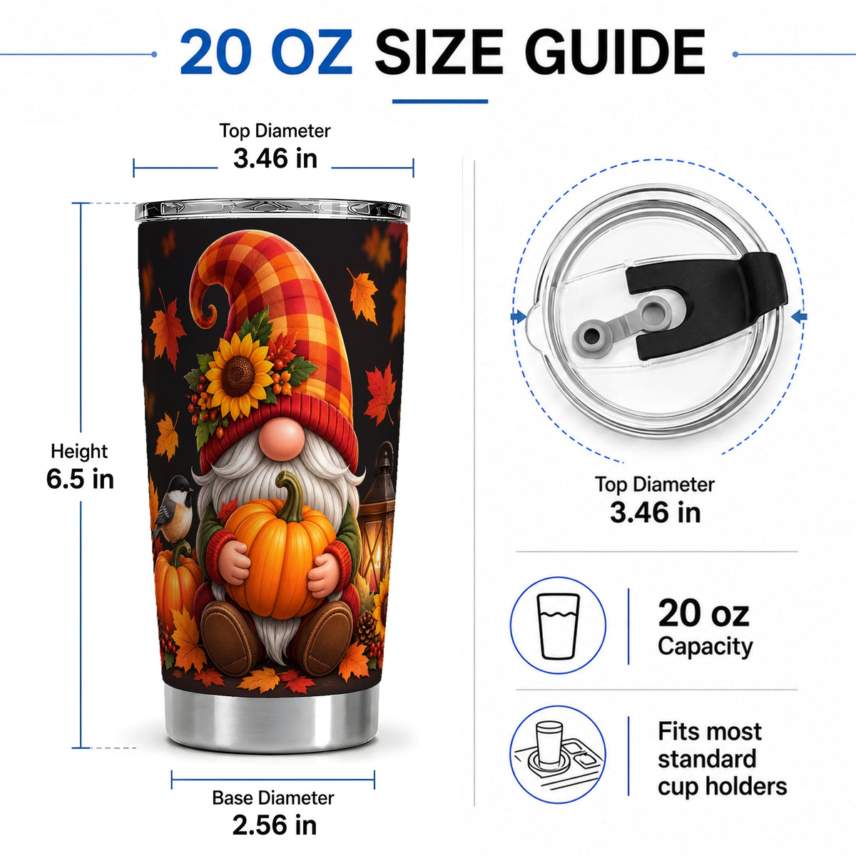 #pl[20oz|Steel] Autumn Gnome Pumpkin 20oz Tumbler with Sunflower and Lantern