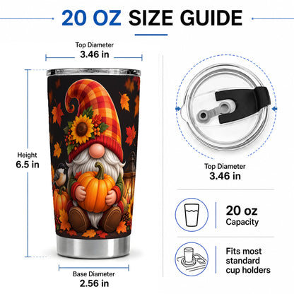 #pl[20oz|Steel] Autumn Gnome Pumpkin 20oz Tumbler with Sunflower and Lantern