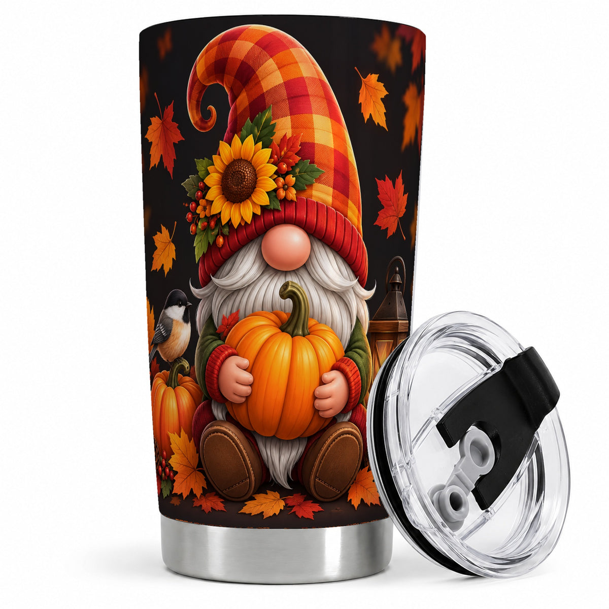 #pl[20oz|Steel] Autumn Gnome Pumpkin 20oz Tumbler with Sunflower and Lantern