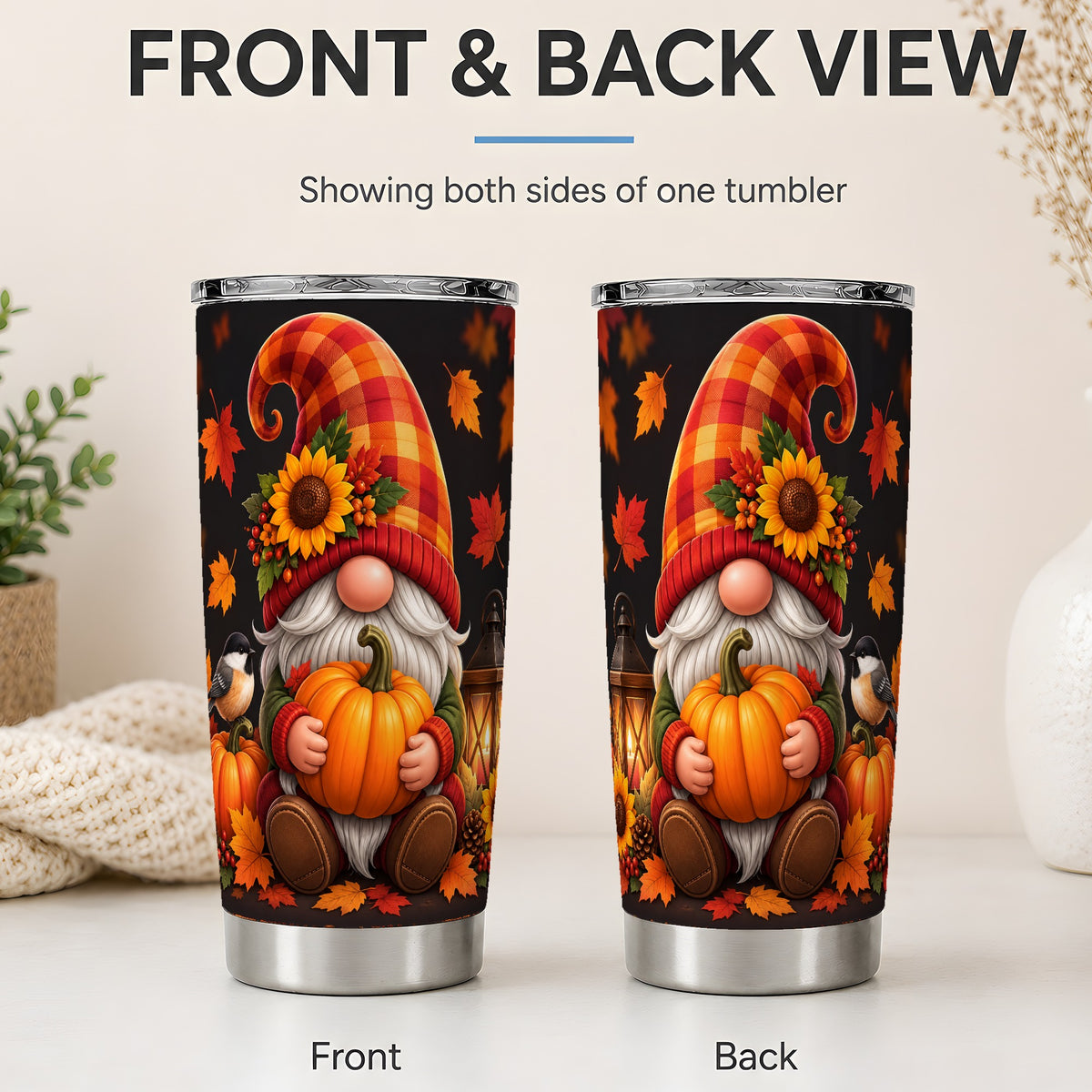 #pl[20oz|Steel] Autumn Gnome Pumpkin 20oz Tumbler with Sunflower and Lantern