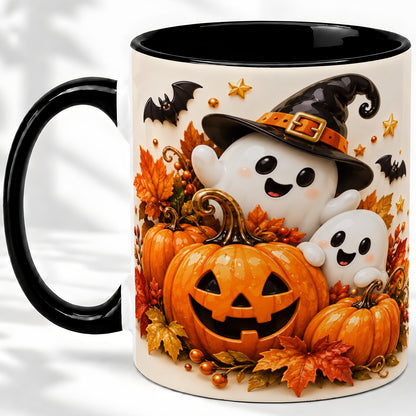 #pl[11oz|Black] Halloween Ghosts Ceramic Mug, Pumpkin Witch Hat Autumn Artwork