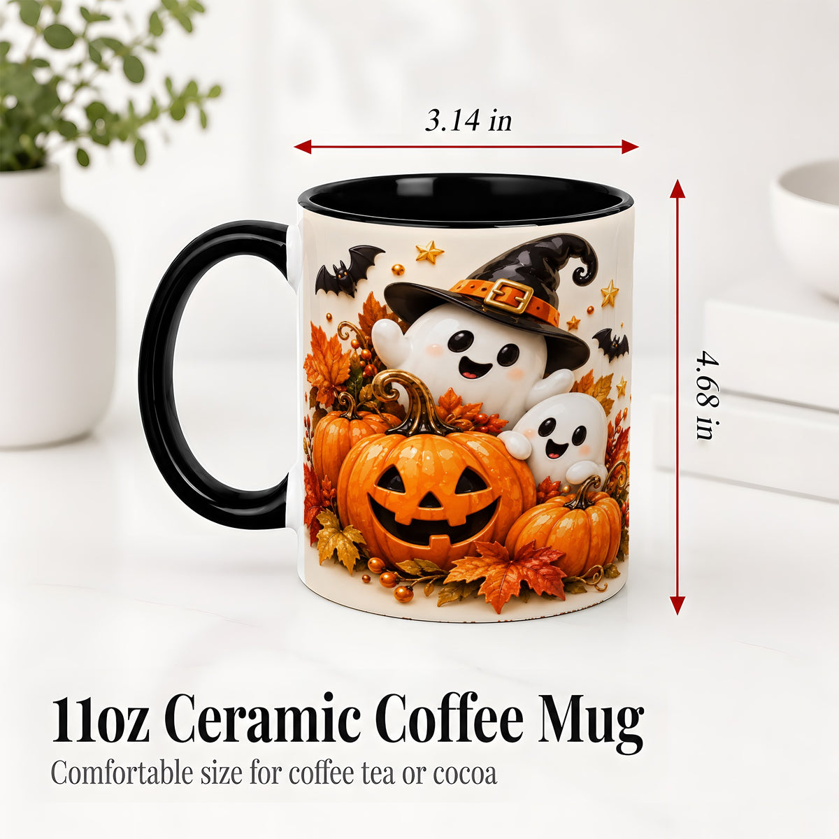 #pl[11oz|Black] Halloween Ghosts Ceramic Mug, Pumpkin Witch Hat Autumn Artwork