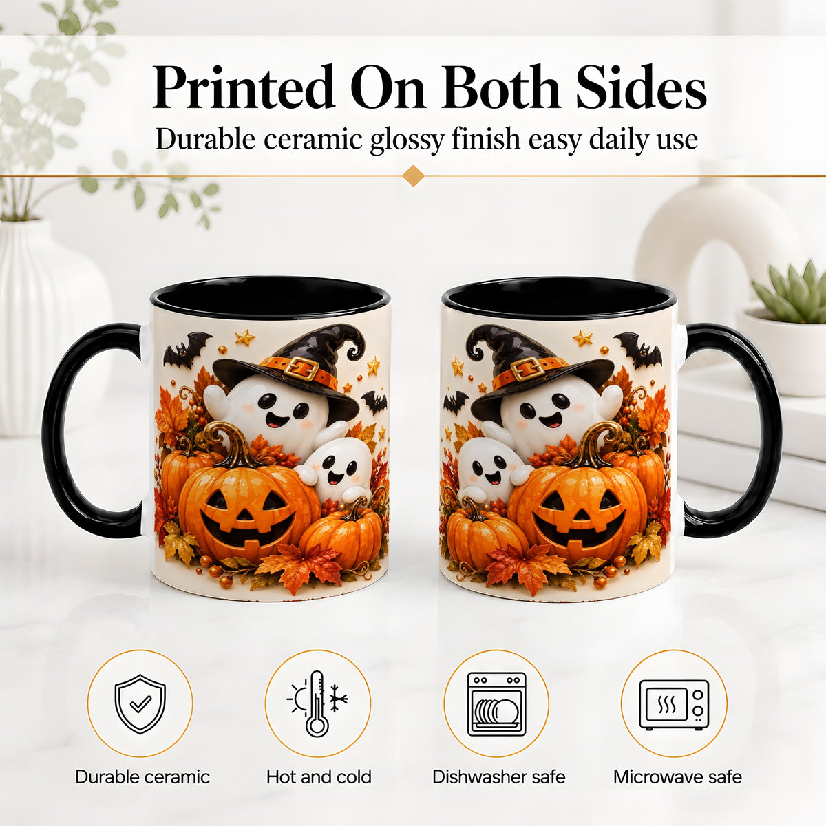 #pl[11oz|Black] Halloween Ghosts Ceramic Mug, Pumpkin Witch Hat Autumn Artwork